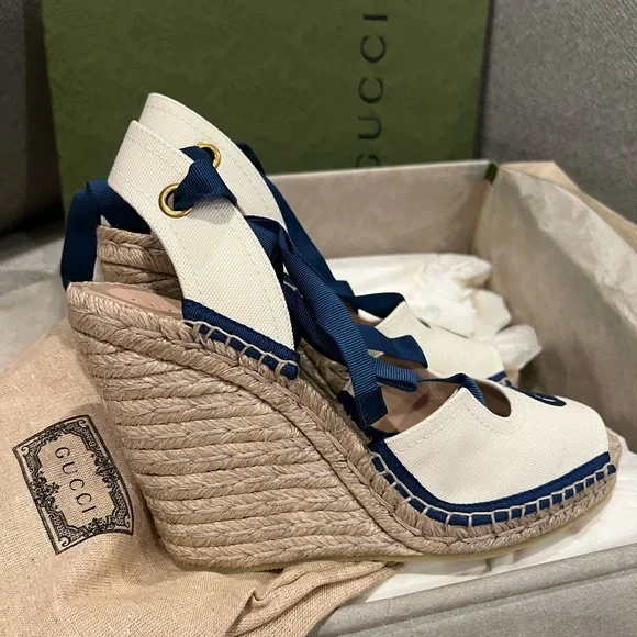 NEW Gucci GG Judie Lace Up Ballerina Espadrille Wedges - Picture 8 of 10